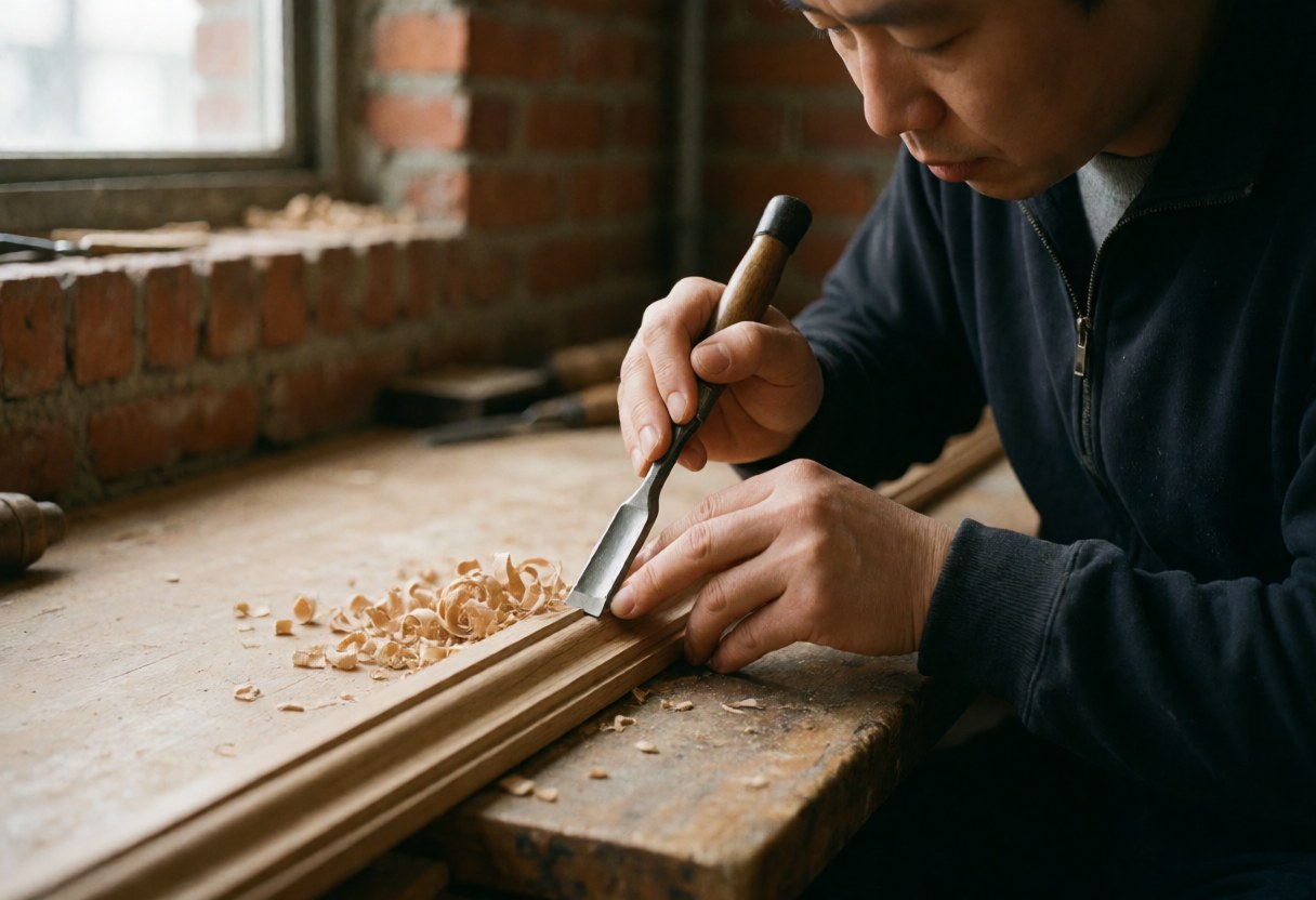 Close-up of a hand using a chisel to smooth the edge of a piece of wood in a workshop setting with natural light