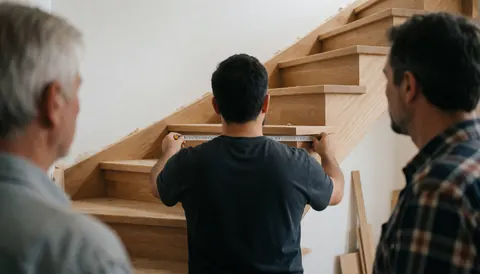 A man measures a newly installed wooden ladder in a home with white walls, showing carpentry work in progress.