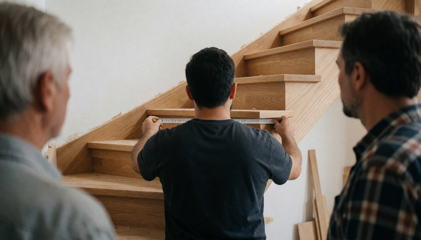 A man measures a newly installed wooden ladder in a home with white walls, showing carpentry work in progress.