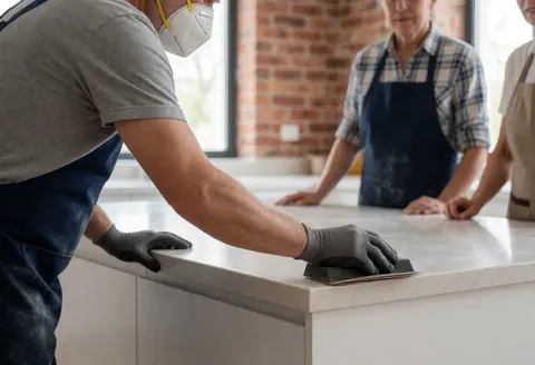 Carpenter wearing mask and gloves polishing a laminate countertop in a modern kitchen with brick walls and natural light