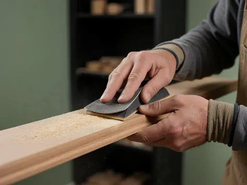 Close-up of hands using a sanding block to polish wood in a workshop setting with dark shelving in the background.