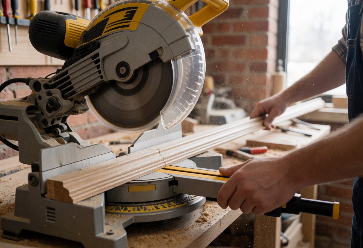 Hands guiding wood molding on a circular saw with sawdust flying in a workshop with brick walls