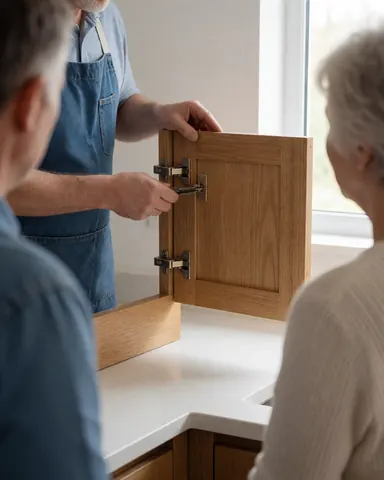 A carpenter adjusts a wooden cabinet hinge in a modern kitchen while two clients observe the work.