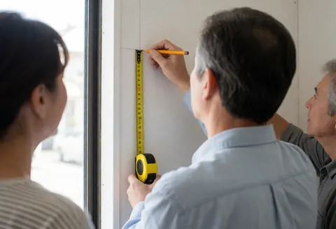 Carpenter measuring a wall with a yellow tape measure and marking it with a pencil while two people observe the work on a white wall.