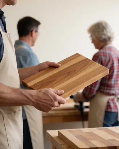 Carpenter holding a wood board with visible grain in a workshop with warm white walls and carpentry tools in the background.
