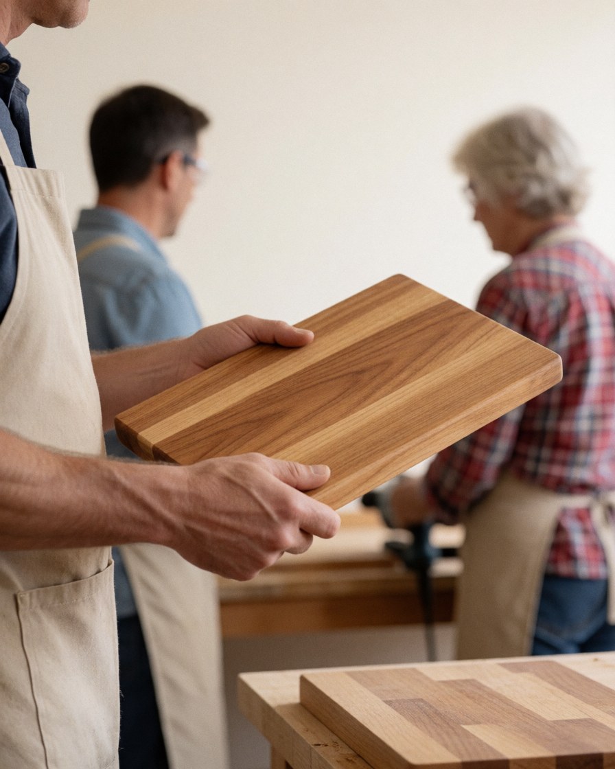 Carpenter holding a wood board with visible grain in a workshop with warm white walls and carpentry tools in the background.