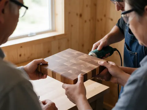 Hands working on a patterned wooden board in a workshop with wood walls and natural light, suitable for a carpentry business.