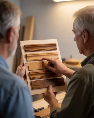 Customer choosing wood moldings with a carpenter in a well-lit workshop with visible finish samples