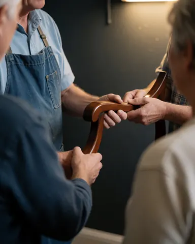 Carpenter hands holding a restored wooden chair during delivery in a workshop with gray walls and warm lighting