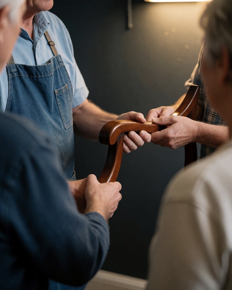 Carpenter hands holding a restored wooden chair during delivery in a workshop with gray walls and warm lighting