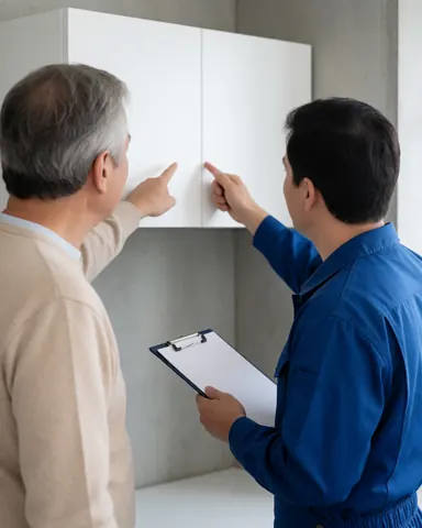 Two men inspecting a newly installed white cabinet on a concrete wall, one holding a portfolio and the other wearing a blue jacket.