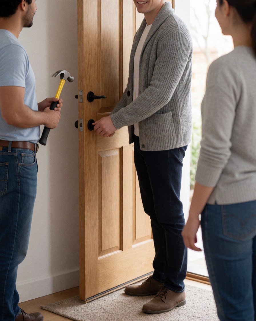 A man holding a hammer while opening a new wooden door at an entrance with a rug, depicting carpentry repair work.
