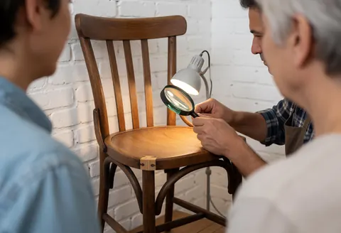 Close-up of a technician examining a wooden chair with a magnifying glass against a white brick wall