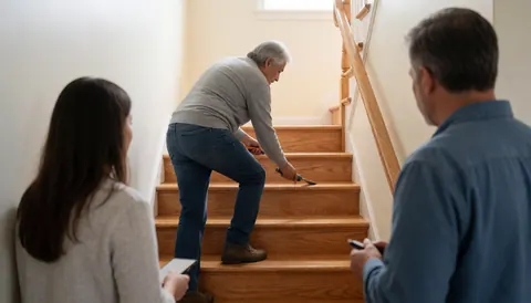 A man works on a wooden ladder using a tool, with painted walls and natural light, depicting an interior restoration scene.