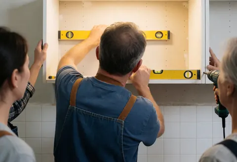 Three people install a white cabinet using a yellow level and electric drill in a kitchen with white tiles.