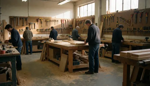 Five men working in a carpentry workshop with tools hanging and wooden planks on workbenches