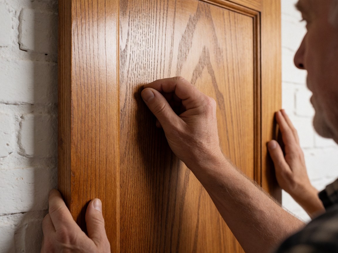 Close-up of a carpenter's hand touching the grain of polished wood on a door with a white brick wall background, highlighting the smooth finish and texture.