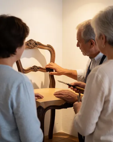 A restorer displays a restored antique wooden chair to two clients in a bright room with white walls and warm lighting.