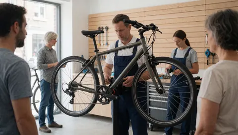 Bicycle mechanic adjusting a bike chain in a workshop with wooden walls while customers watch the repair process.