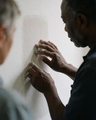 Close-up of hands checking the texture of a white wall, showing construction or painting finish details
