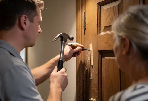 Carpenter using a hammer to adjust a wooden door, creating sparks while a client observes the repair work in progress.