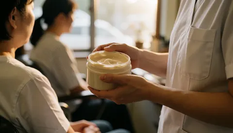 Hair stylist holding a jar of hair mask while a client sits in the chair near a window with warm light and a blurred background.
