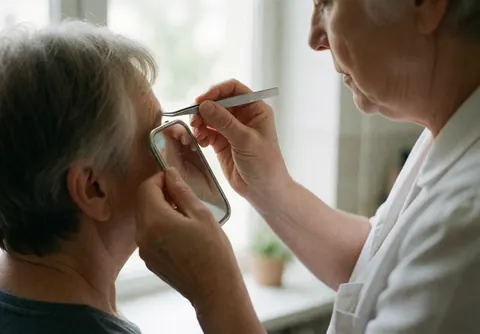 Close-up of an aesthetician using tweezers to shape eyebrows while a client looks in a mirror under natural light