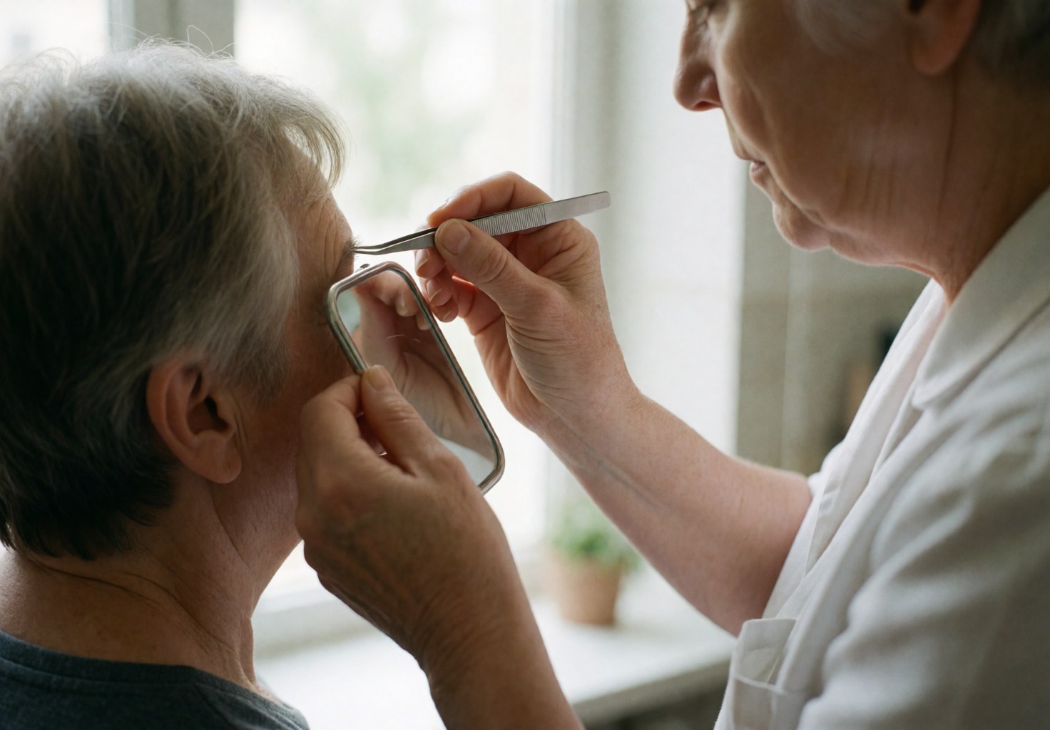 Close-up of an aesthetician using tweezers to shape eyebrows while a client looks in a mirror under natural light
