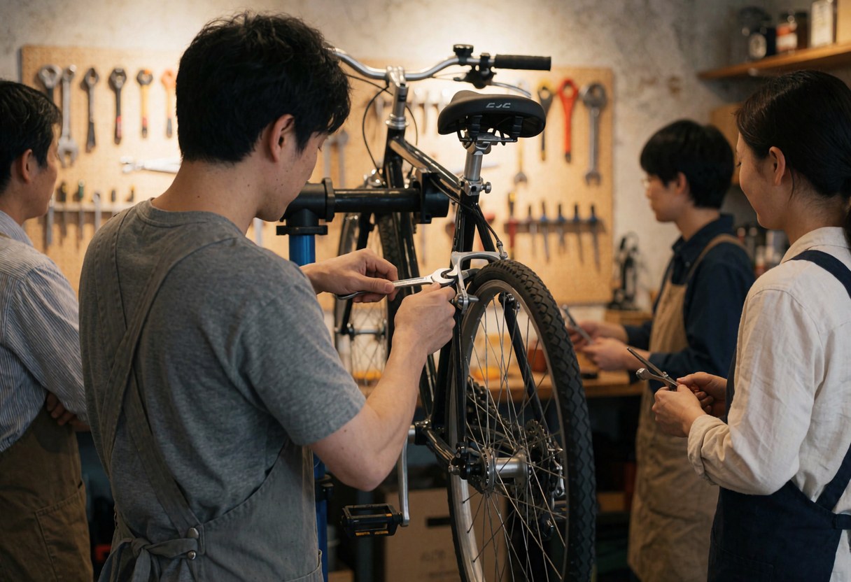 Bicycle mechanic adjusting a wheel in a workshop with tools on the wall and other workers observing the service.