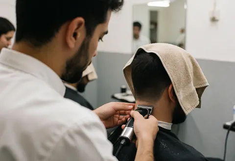 Barber using electric clippers to cut a client's hair with a towel on his head in a salon with gray walls