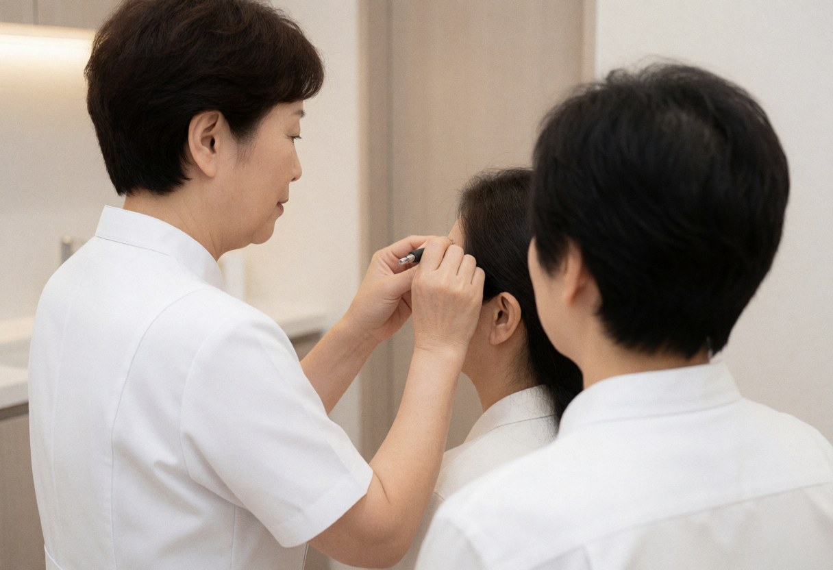 A stylist in a white uniform threading a client's eyebrows in a clean, modern room with soft lighting