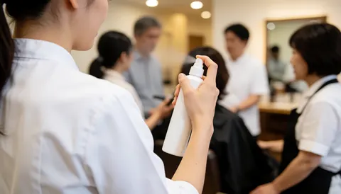 A stylist in a white uniform sprays thermal protection onto a seated client's hair in a salon with warm lighting.
