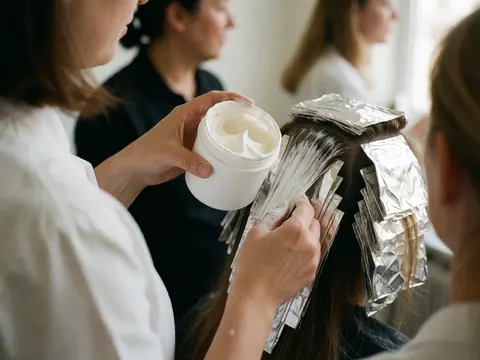Hands applying keratin product to hair using foil in a professional salon setting