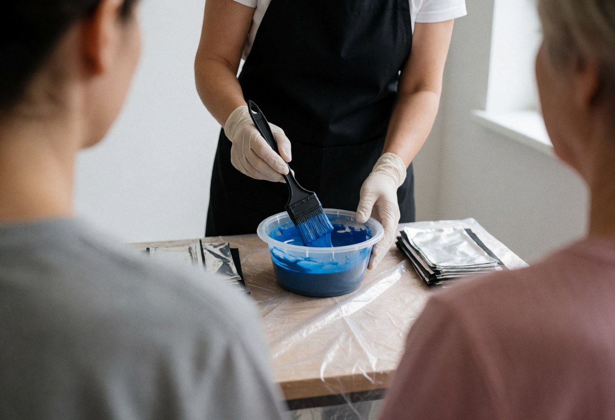 A stylist wearing gloves mixes blue hair dye in a plastic bowl on a protected table with foils nearby in a salon.