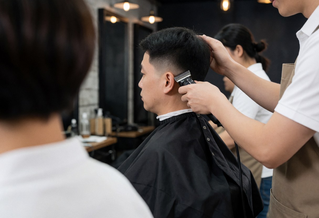 A barber uses a trimmer to cut a client's hair in a salon with industrial lights and dark walls.