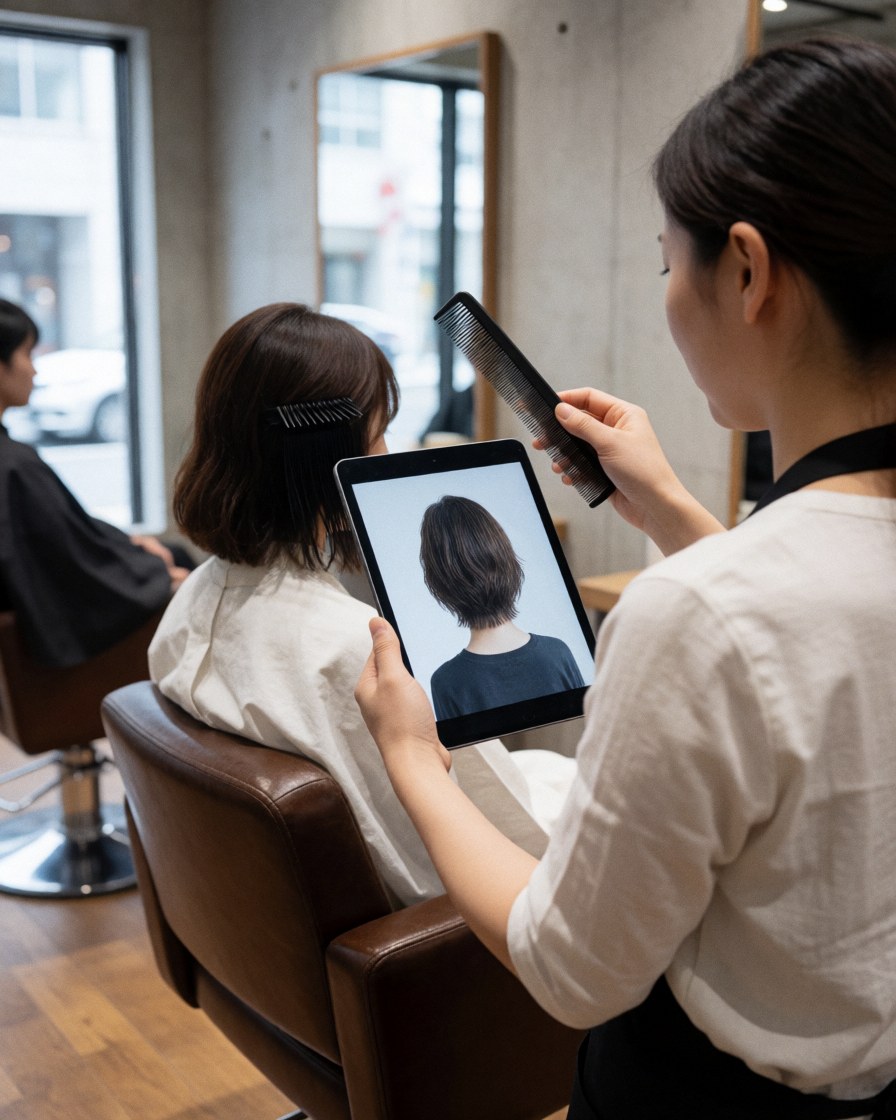 Stylist displays a haircut reference on a tablet to a seated client in a salon with concrete walls and large windows.