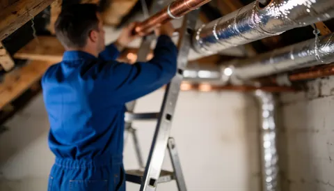 Technician installing insulated copper tubing on a residential roof with visible wooden beams and a metal ladder.