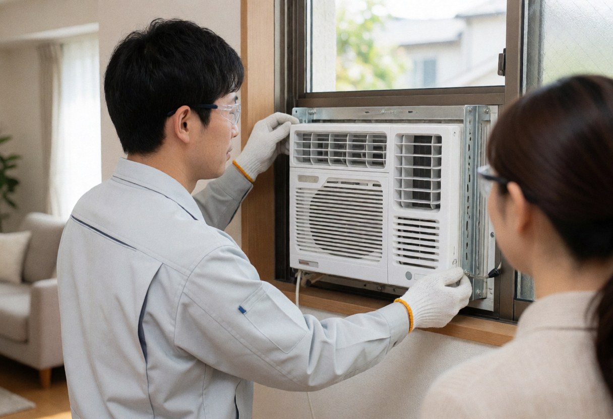 HVAC technician wearing gloves and safety glasses installs a window air conditioning unit while a client observes the service in action.
