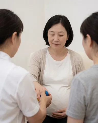 A pregnant woman receives acupressure therapy using balls while two people observe in a calm prenatal center with white walls.