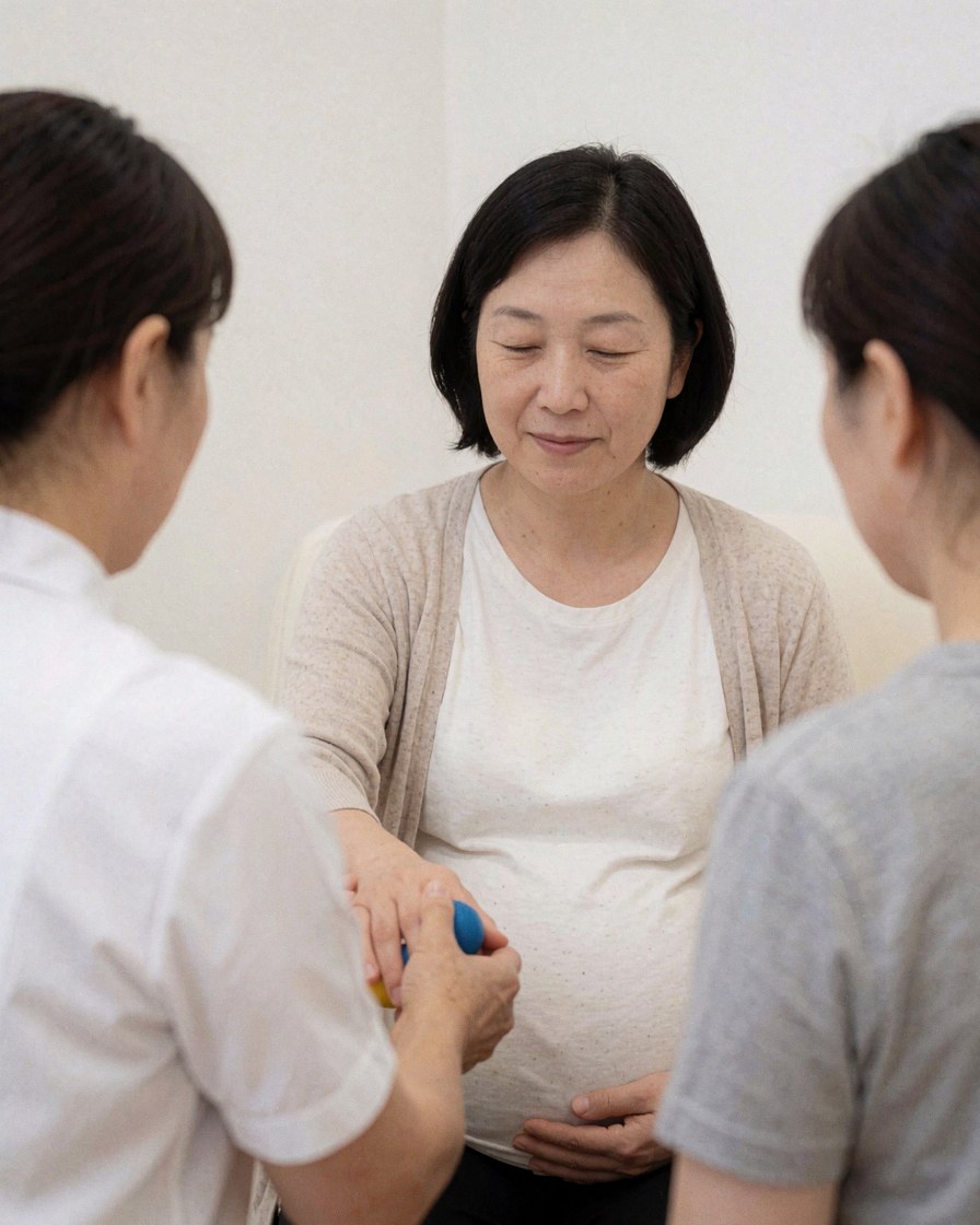 A pregnant woman receives acupressure therapy using balls while two people observe in a calm prenatal center with white walls.