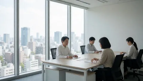 Four people in a team meeting in a modern office with large windows and a panoramic city view