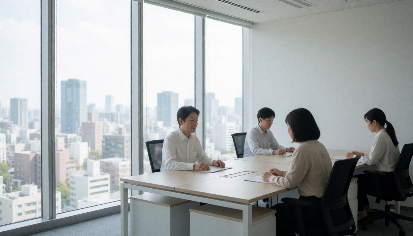 Four people in a team meeting in a modern office with large windows and a panoramic city view