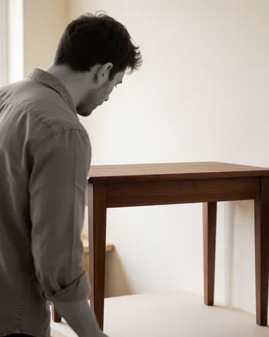 A satisfied client examines a restored walnut-finish wooden table in a clean, well-lit workshop.
