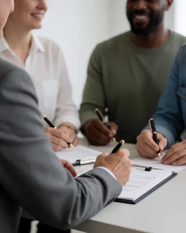 Four individuals in gray suits signing papers on a white table against a white background, depicting a professional team meeting in action.