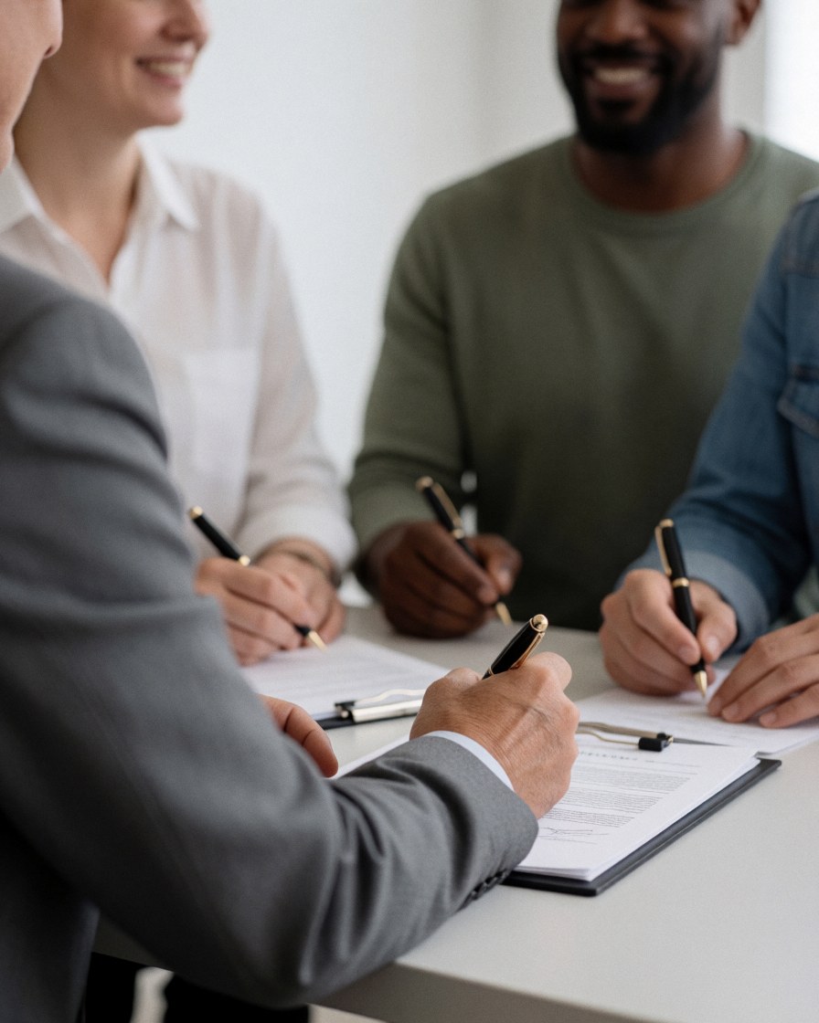 Four individuals in gray suits signing papers on a white table against a white background, depicting a professional team meeting in action.