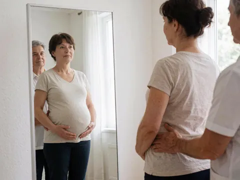 Therapist adjusts the posture of a pregnant woman in front of a mirror in a room with white walls and natural light.