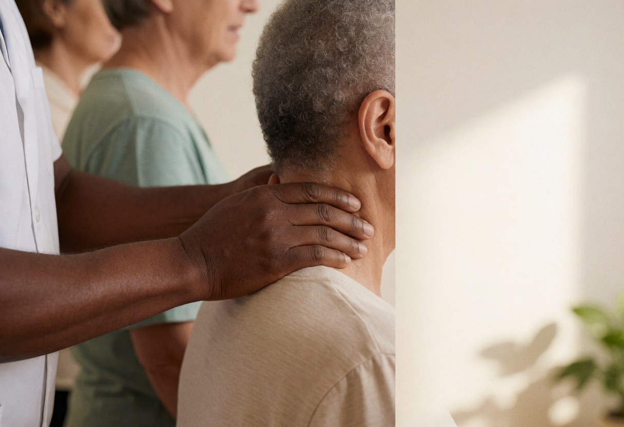 Therapist massaging client's neck in a spa room with white walls and natural light