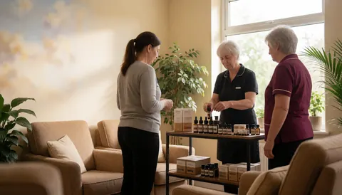 Therapist arranging essential oil bottles on a table in a spa treatment room with natural light and plants
