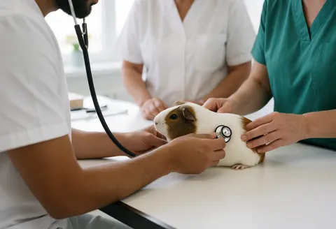 Veterinarian using a stethoscope to examine a guinea pig on an exam table in a clean clinic