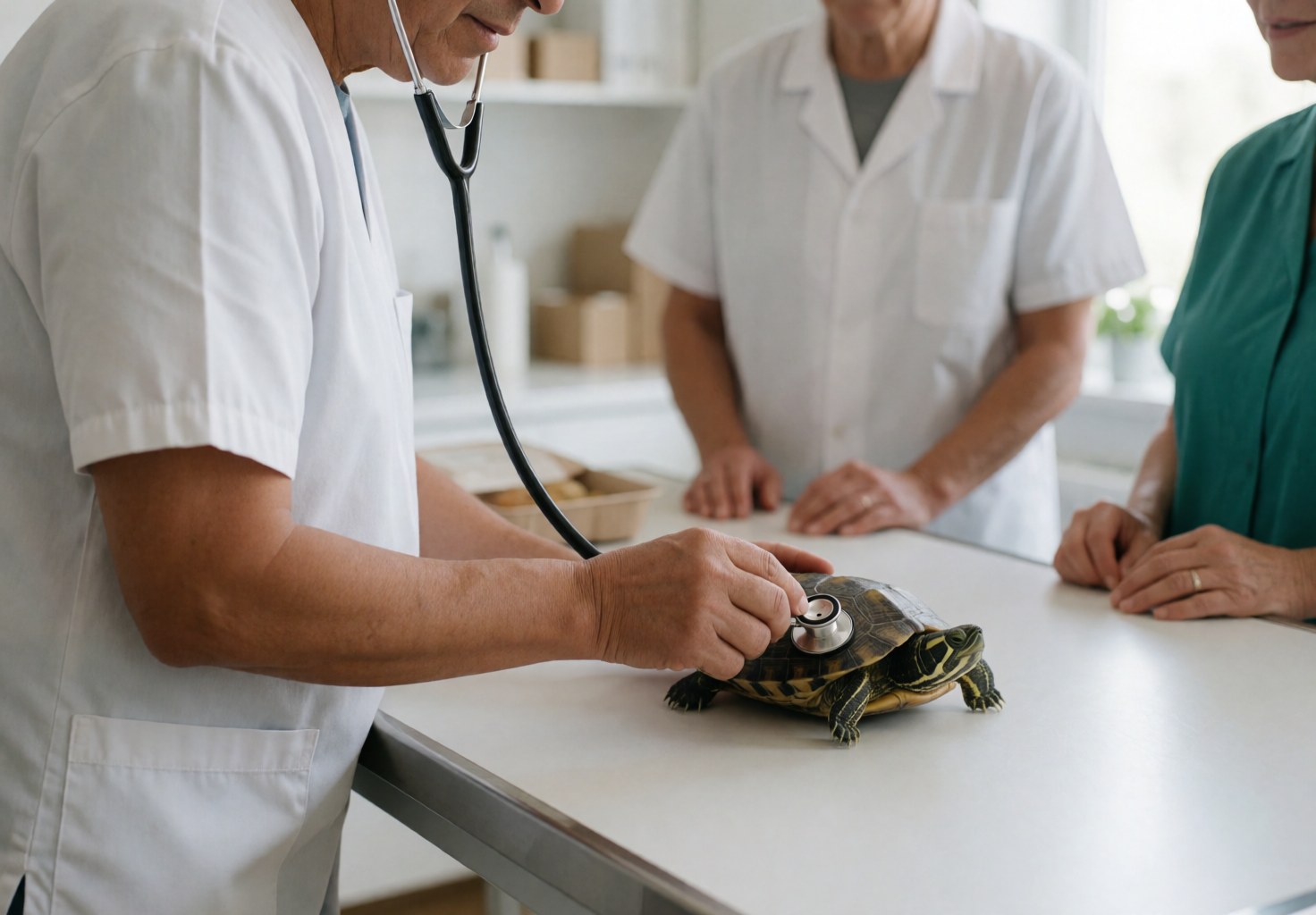 Veterinarian using a stethoscope to examine a turtle on an exam table at a veterinary clinic